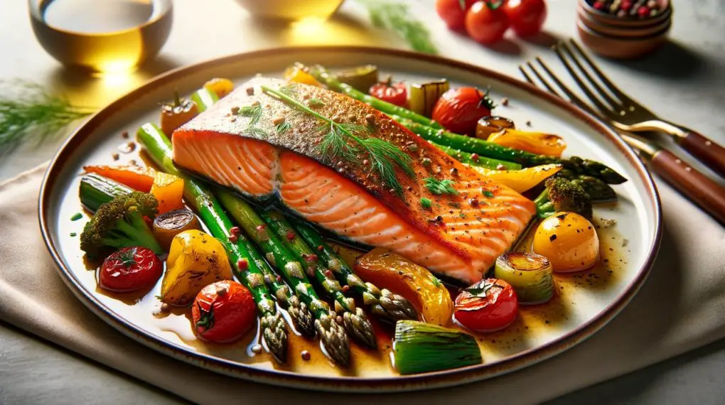 Baked salmon and roasted vegetables